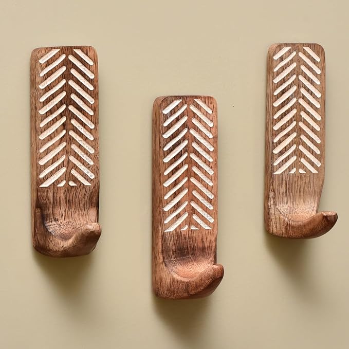 IndianShelf 10 LB- 3 Pieces Decorative Wood Adhesive Wall Hooks–Boho Peel and by IndianShelf