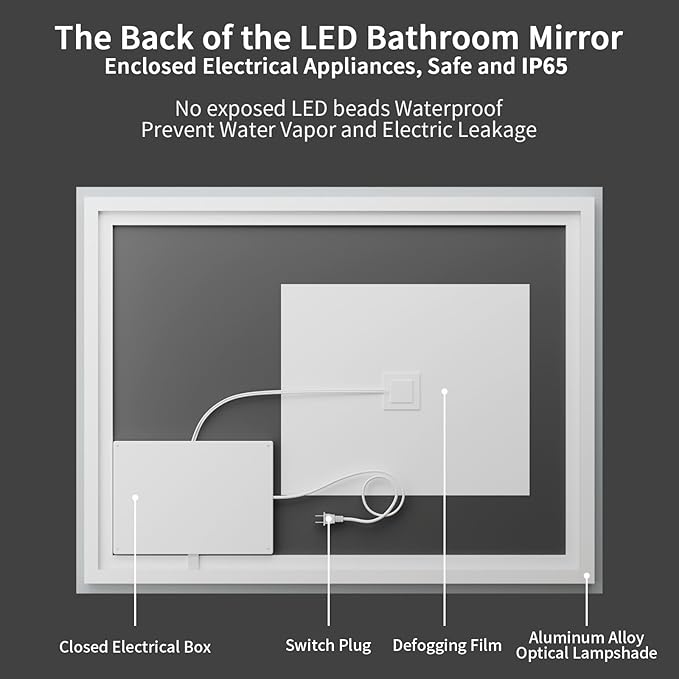 Koonmi 36"x40" LED Mirror for Bathroom, 90CRI Anti-Fog Vanity Mirror - Image 5