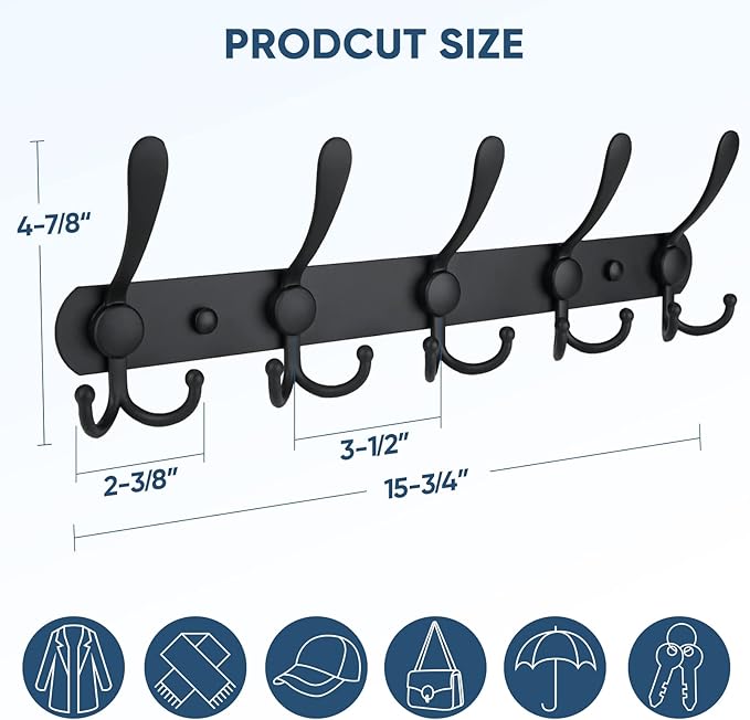 TICONN Wall Mounted Coat Rack, Five Heavy Duty Tri Hooks All Metal Construction - Image 2