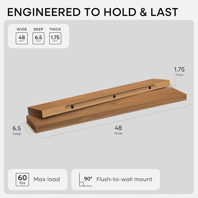 Homeforia 48 inch Golden Oak Floating Shelf, High End Solid Real Wood 48inch - Image 2