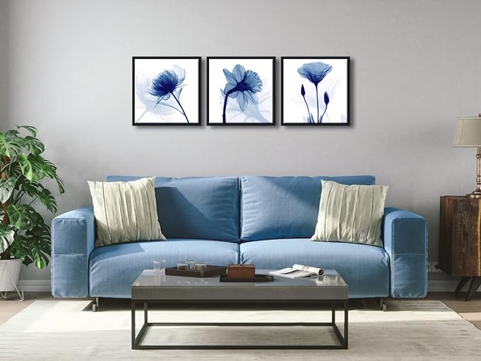 Wieco Art Framed Blue Abstract Flowers 3 Panels Canvas Prints Wall Art Modern - Image 2