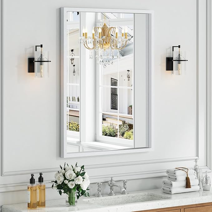 Syndra White Wood Frame Bathroom Mirror, Waterproof Slim Deep Frame, by Syndra