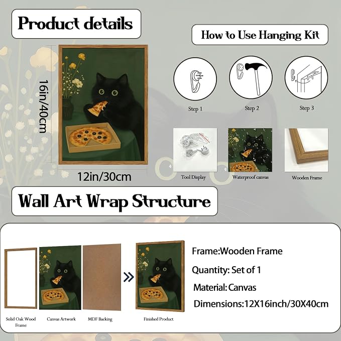 Funny Black Cat Wall Art Whimsical Black Cat Eating Pizza Wall Decor Cute - Image 3