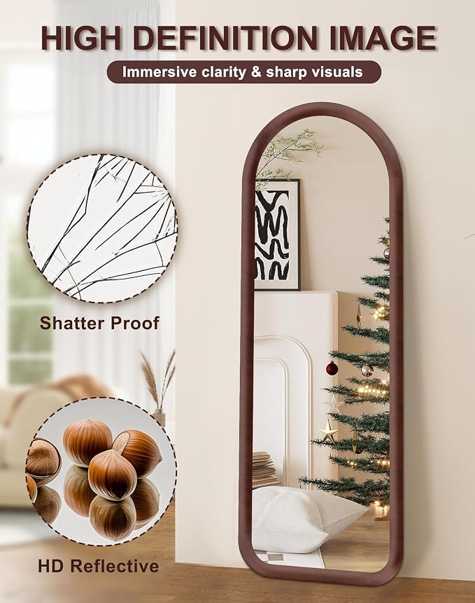 Delma Arched Full Length Mirror, Free Standing Floor Velvet Finish Frame Mirror - Image 4