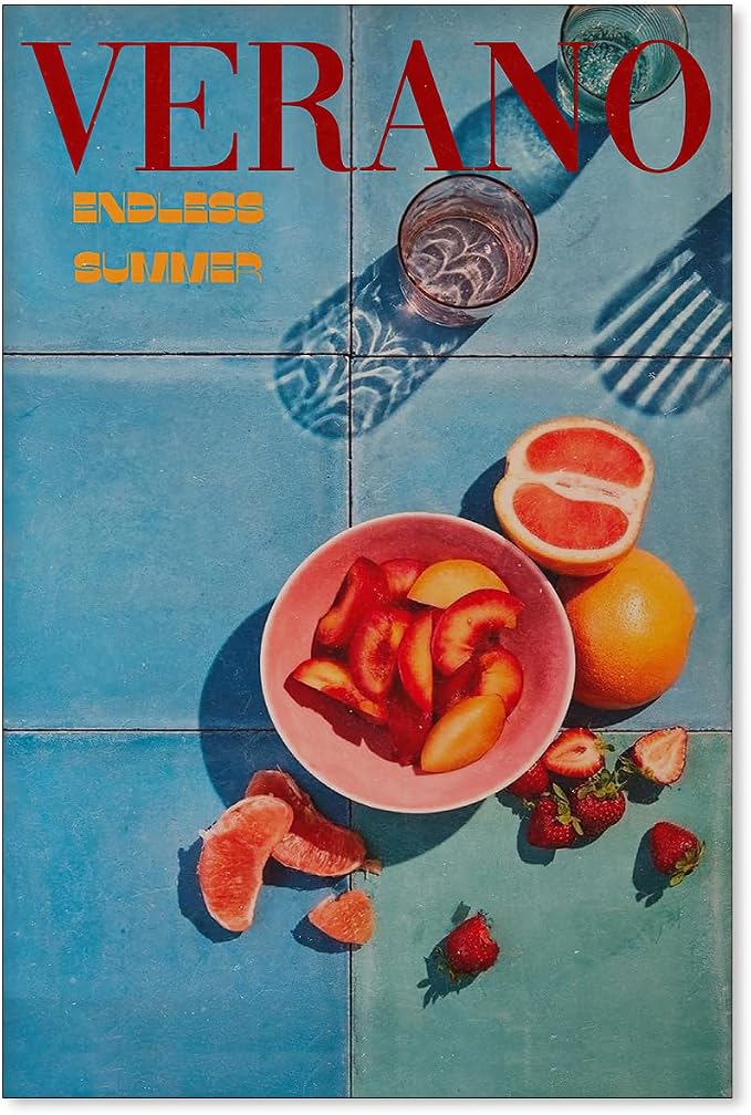 jkahh Summer Travel Food Fruit Wall Art Retro 70s Blue Posters Trendy Orange by Unknown