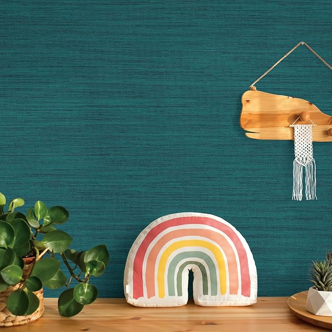 Tempaper Textured Teal Green Horizontal Faux Grasscloth Removable Peel and - Image 7