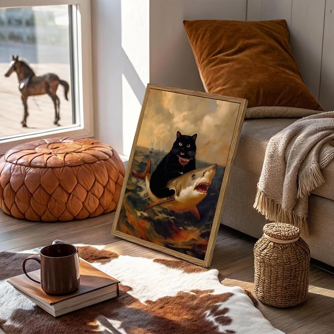 Funny Black Cat Wall Art Whimsical Cat Riding a Shark Wall Decor Picture Unique - Image 2