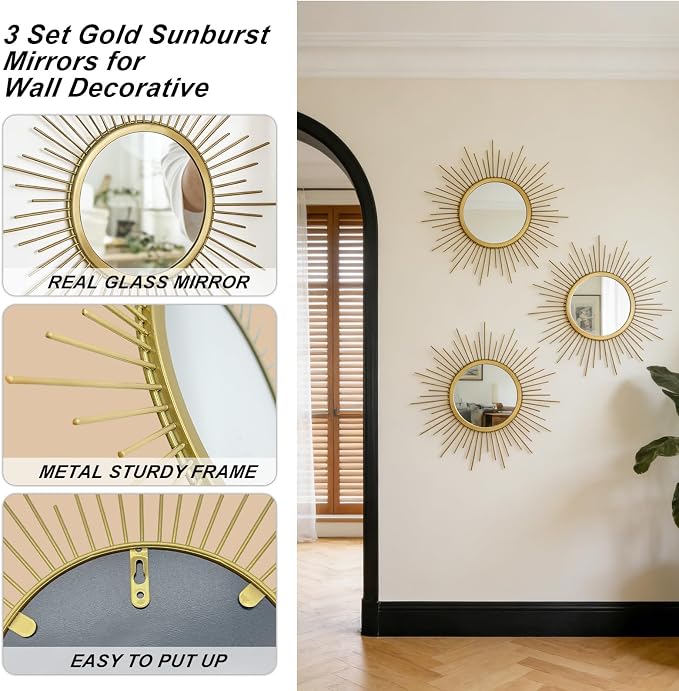 3 Set Gold Sunburst Mirrors for Wall Decorative Metal Mirrors Small Mirror Sets - Image 3