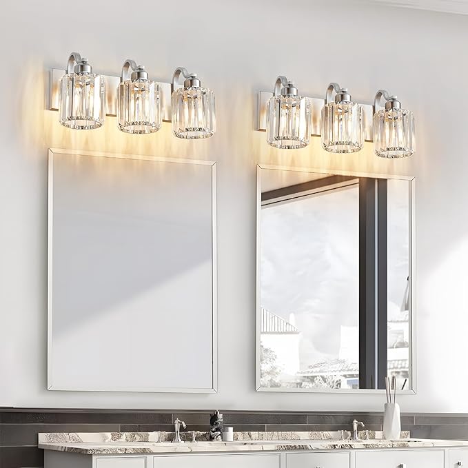 Modern Vanity Light 3-Lights Brushed Nickel Vanity Light Crystal Bathroom Wall - Image 6