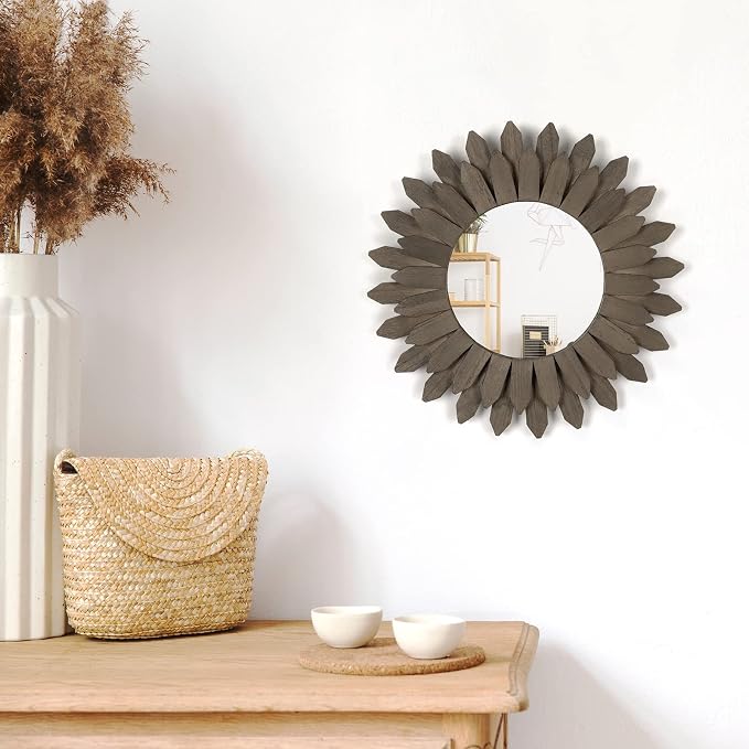 Honiway Farmhouse Wall Decor Mirror 12 inch Sunburst Boho Wood Mirror Rustic - Image 4