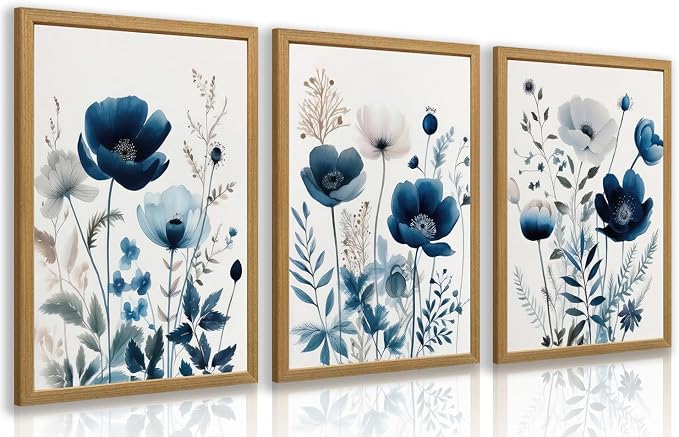LLEEMPI Navy Blue Floral Wall Art Set of 3, Modern Wildflower Wall Decor by Unknown