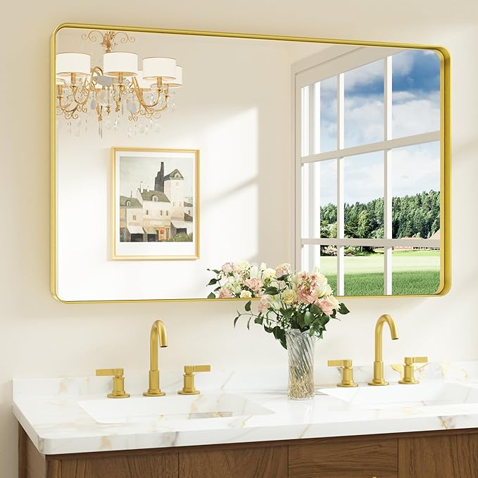 Keonjinn Brushed Gold Bathroom Mirror 48 x 30 Inch Large Rounded Rectangle by Keonjinn