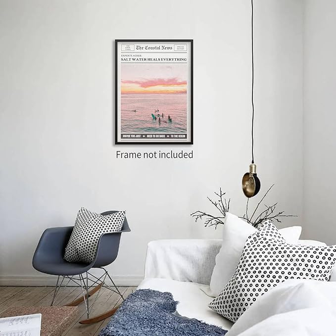 Pink Beach Newspaper Posters Vintage Fashion Coastal Girl Surf Wall Art Grainy - Image 5