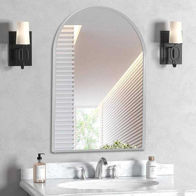 24" x 32" Silver Arched Mirror, Arch Wall Mirror, Metal Frame Black Bathroom by Minuover