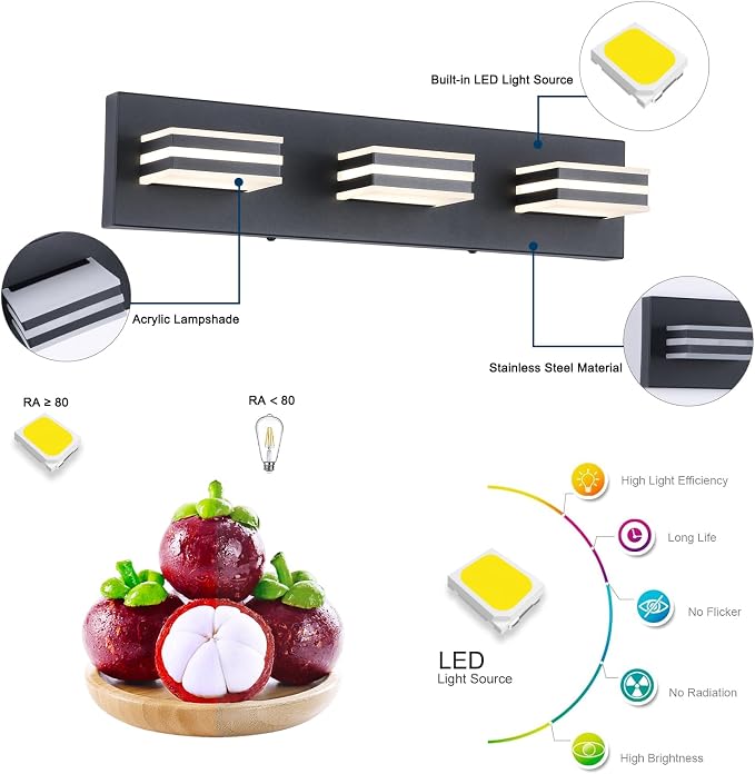 Black Vanity Lights for Bathroom Light Fixtures Adjust 3 Colors Modern Bath - Image 2