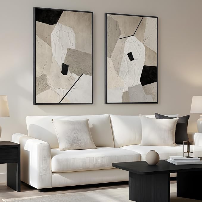 Framed Neutral Beige and Black Abstract Wall Art - Image 2