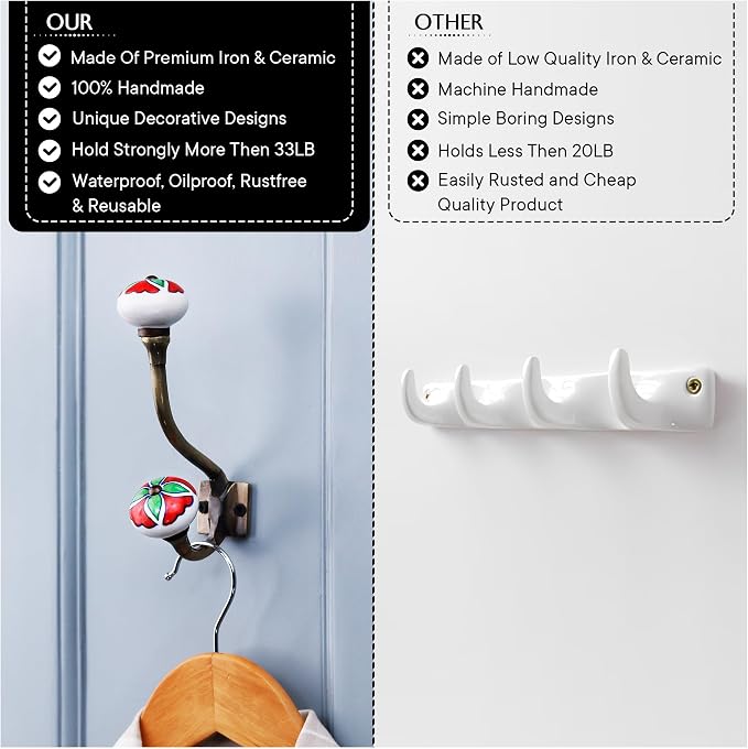 Indian Shelf Pack of 6 Heavy Duty Double Prong Multicolor Decorative Coat Hooks - Image 4