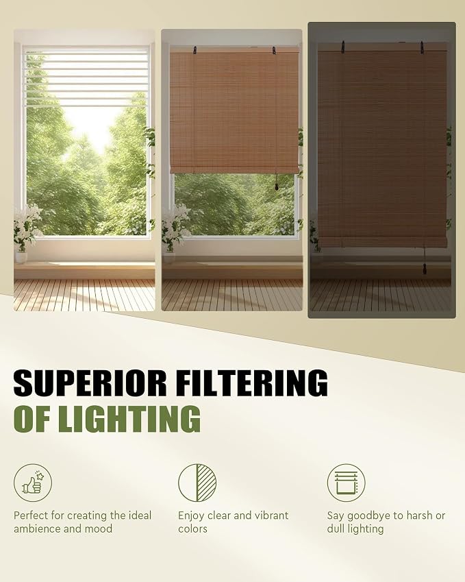 FoundGo Retro Bamboo Blinds 35" W x 72" H Bamboo Roman Shades Light Filtering - Image 2