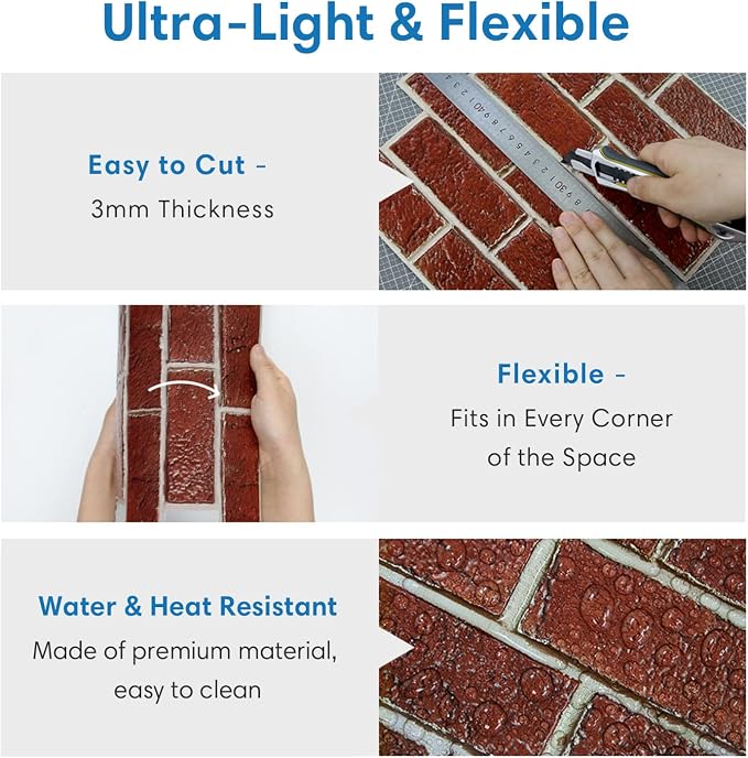 COMSTICKC 3D Faux Red Brick Wall Panels Peel and Stick Wall Sticker, Small Size - Image 5