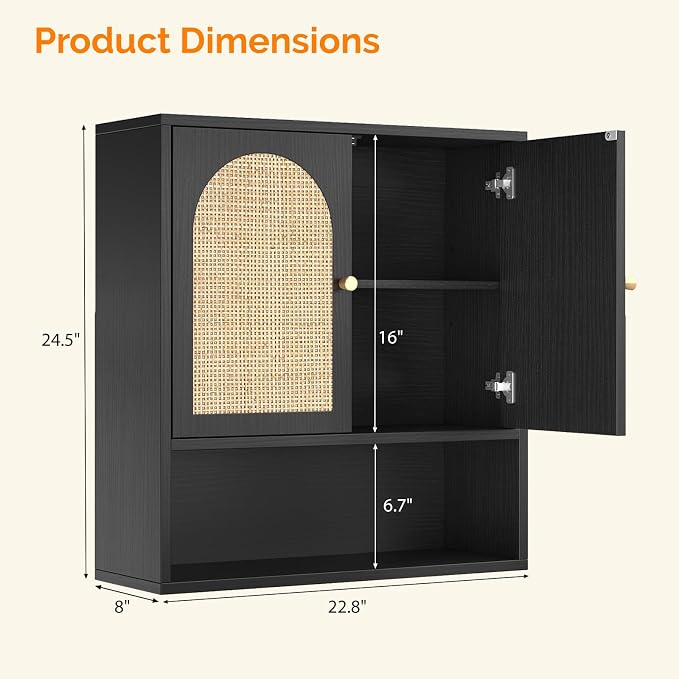 VINGLI Black Rattan Medicine Cabinet Wall Mounted, Arched Modern Farmhouse - Image 2