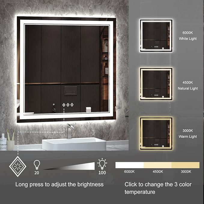 LED Mirror for Bathroom, 36x36 Inch, 3 Colors Dimmable CRI>90 Double Lights - Image 5