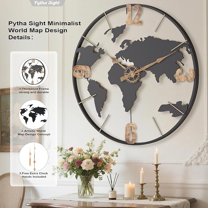 Pytha Sight 20 Inch Large Wall Clock, Modern Decorative Big World Map - Image 2