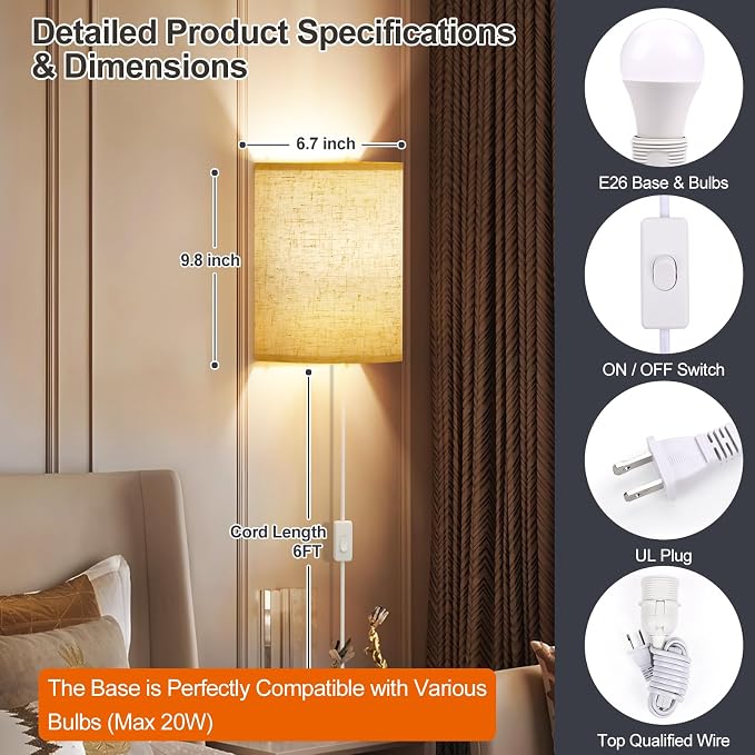 Plug in Wall Sconces Set of Two: Wall Lights - Image 5