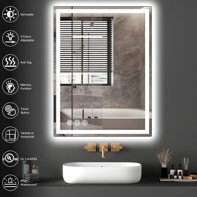 Memobarco Bathroom Mirror, Stepless 3 Colors Temperature & Dimmable, Memory - Image 3