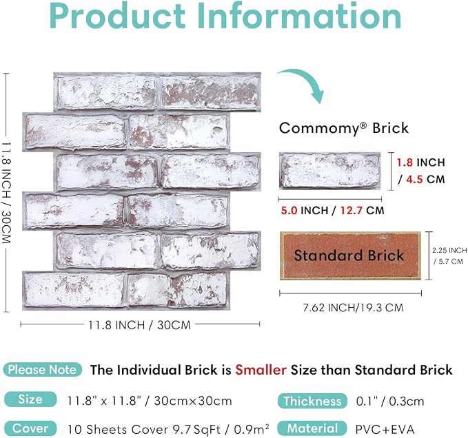 Commomy 10 Pcs 3D Faux Brick Wall Panels -11.8"X11.8" Small Size PVC Grey - Image 5