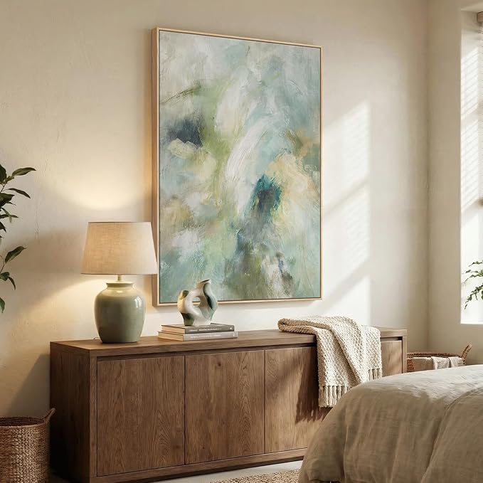 Extra Large Framed Teal Abstract Wall Art, Oversized Vertical Sage Green Canvas - Image 4