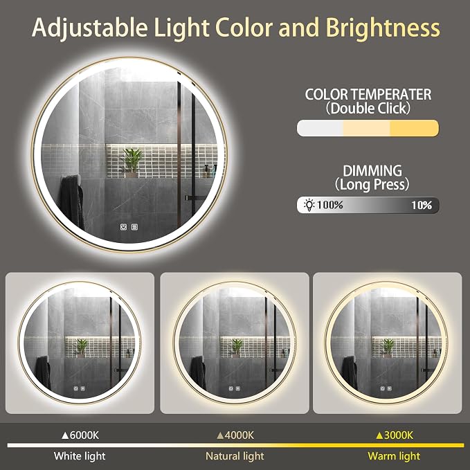 Itrue 36 Inch LED Bathroom Round Mirror, Adjustable Color Temp & Brightness - Image 3