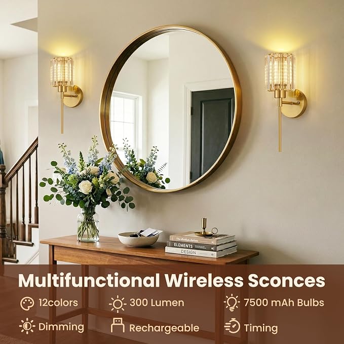 Crystal Battery Operated Wall Sconces, Brushed Gold Rechargeable Wireless Wall - Image 2