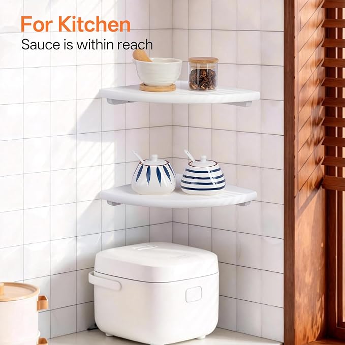 Gieanoo Floating Corner Shelves Set 2 16inch White Solid Oak Rounded Corner - Image 8