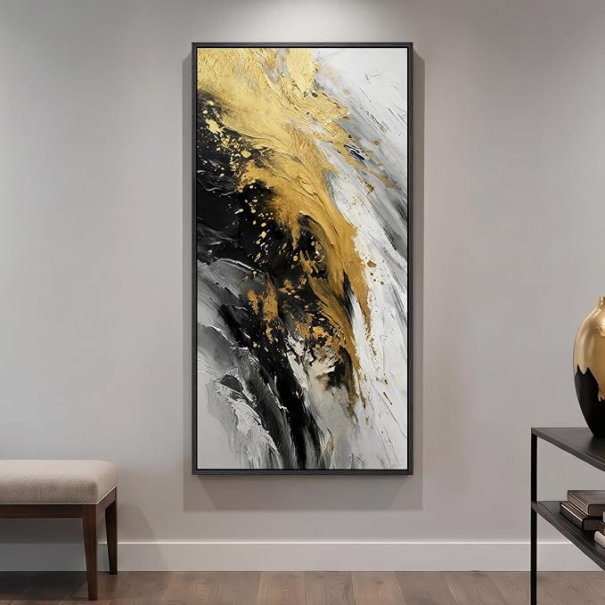 Large Framed Black and White Gold Abstract Wall Art, Modern Vertical Canvas by Cuspin