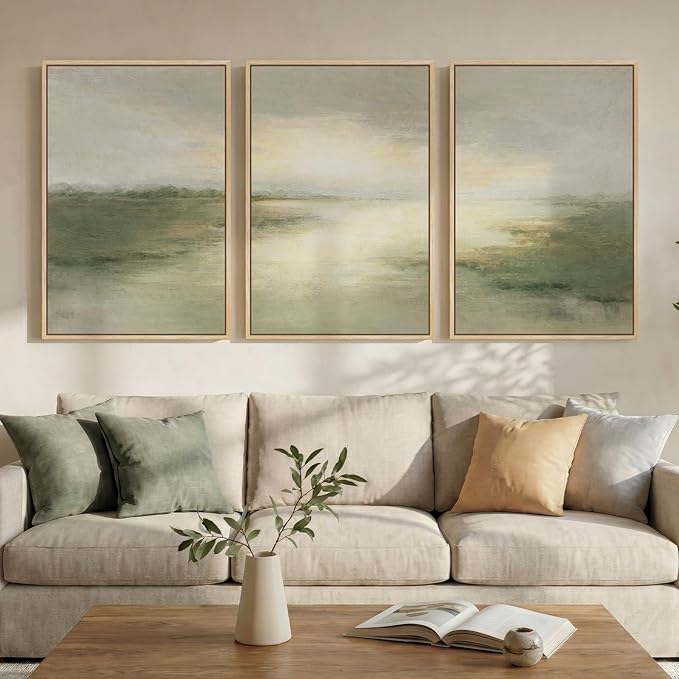 Large Framed Sage Green Abstract Landscape Wall Art by Cuspin