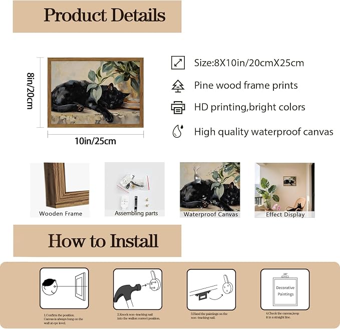 Framed Black Cat Canvas Wall Art, Vintage Sleeping Cat - Image 4