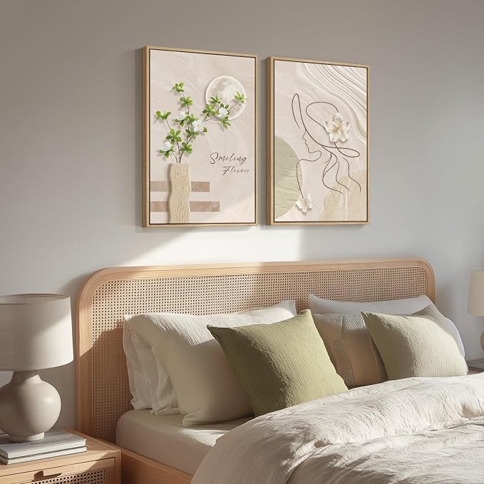 Framed Neutral Boho Wall Art for Bedroom, Mid Century Modern Bohemian Canvas - Image 2