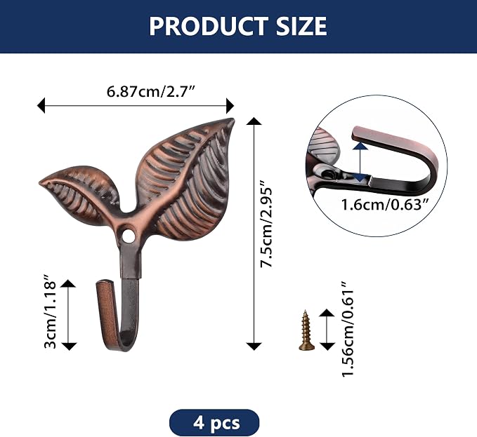 Set of 4 Vintage Leaf Wall Hooks Red Bronze Metal Coat Hooks Heavy Duty - Image 2
