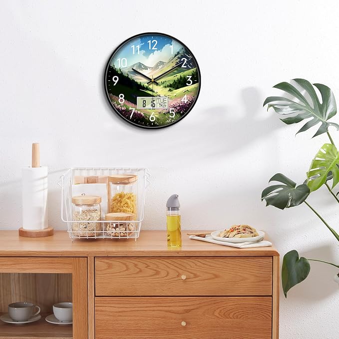 12'' Silent Non-Ticking Rustic Mountain Wildflowers Wall Clock, Battery - Image 4