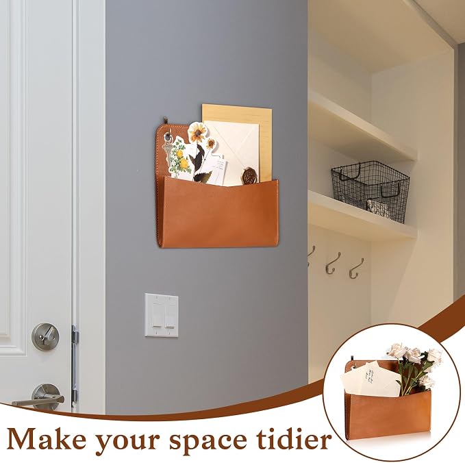 3 Pcs PU Leather Mail Holder Wall Mount Brown PU Leather Letter Holder Vintage - Image 6