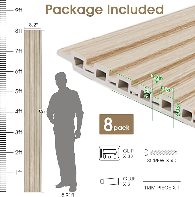 WPC Slat Wall Panels 8 Pack 96" x 8.2", Waterproof Fluted Wall Paneling - Image 5