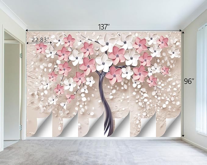 3D Relief Abstraction Pink Flowers Tree Mural Bedroom Floral Wallpaper Room - Image 4