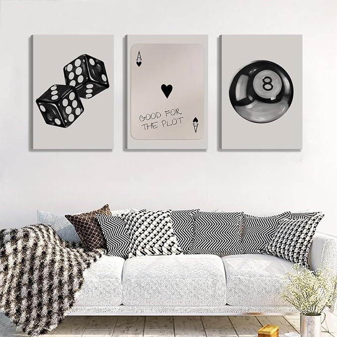 BOKPEN 3Pcs Black and White Poker Dice Canvas Wall Art Funky Retro Y2K Trendy - Image 2