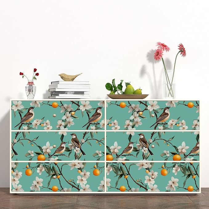 Teal White Bird Floral Wallpaper Peel and Stick, Fresh Orange Tree Contact Paper - Image 6