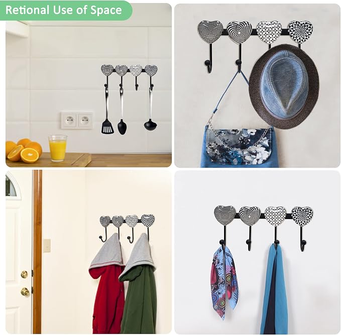 Coat Rack Wall Mounted with 4 Hooks, Heart Geometric Pattern Decorative Wall - Image 5