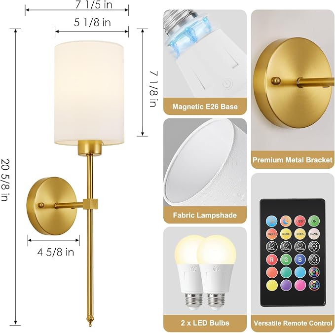Battery Operated Wall Sconces Set of Two, Wireless Rechargeable Wall Light - Image 7