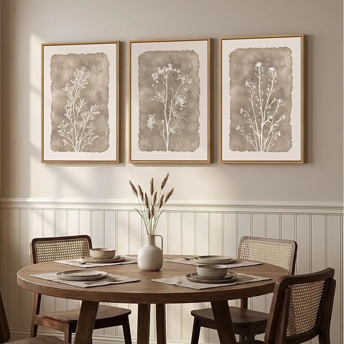 3 Piece Framed Neutral Botanical Wall Art Set, Large Farmhouse Floral Canvas - Image 4