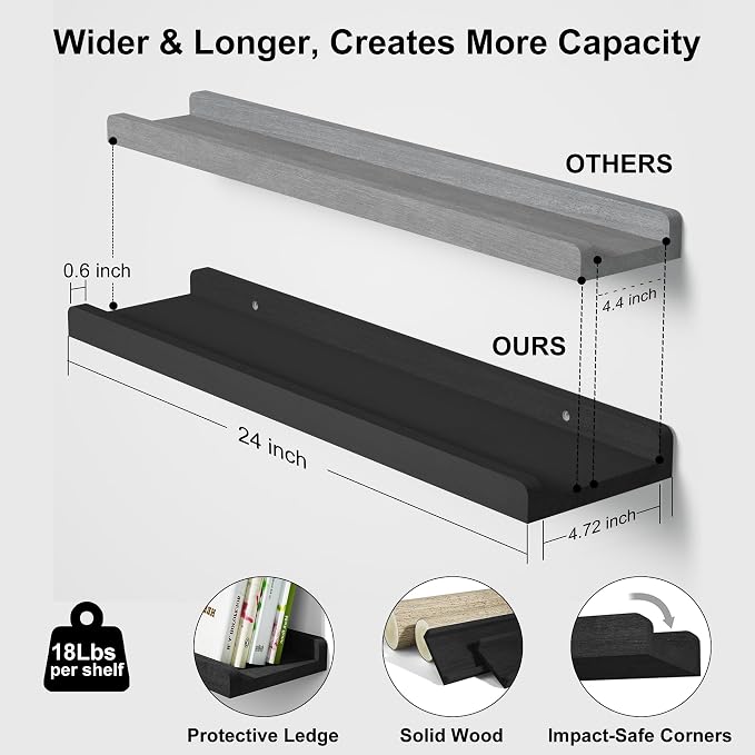 Love-KANKEI Floating Shelves Wall Mounted Set of 2, 24 Inch Wood Storage Wall - Image 3