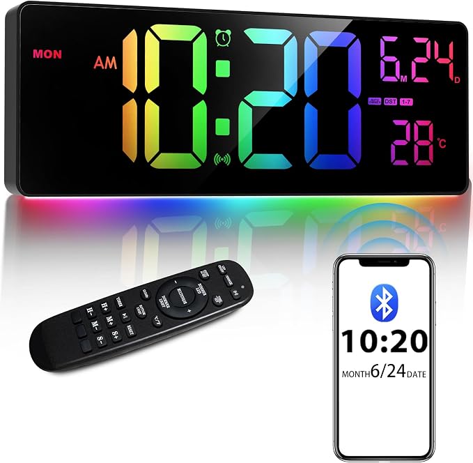 16" Bluetooth Large Digital Wall Clock/Auto Time Sync, 10 RGB Colors Digital by Xflyee