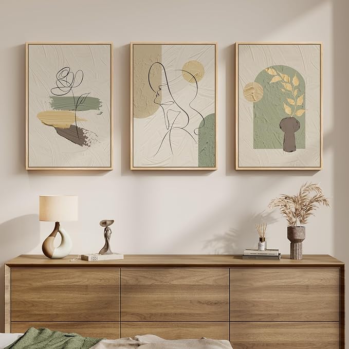 Framed Abstract Boho Wall Art for Living Room, 3 Piece Large Neutral Canvas by MXART